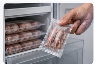Hand entnimmt eine kleine Packung Frostfutter aus dem Gefrierfach