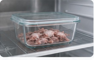 Frostfutter taut kontrolliert in einer Box im Kühlschrank auf