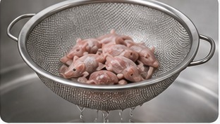 Aufgetautes Frostfutter tropft in einem Sieb ab