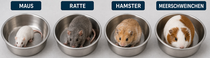 Maus, Ratte, Hamster und Meerschweinchen in Futterschalen